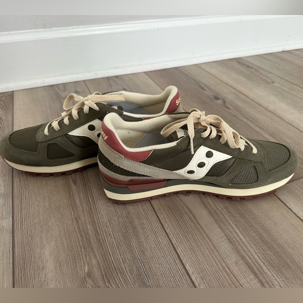 Saucony Olive, White, and Red Sneakers